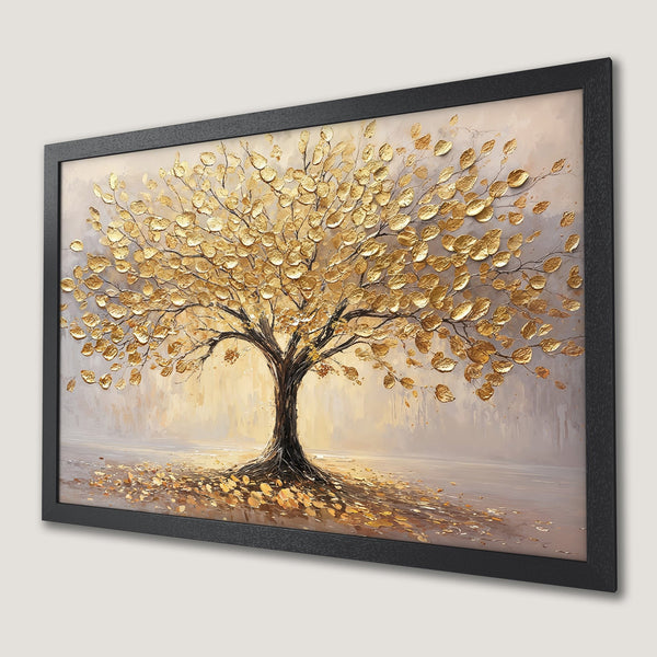 Framed Poster featuring a golden tree art print. Textured, abstract style with warm gold, brown, and neutral color palette. Perfect wall decor.