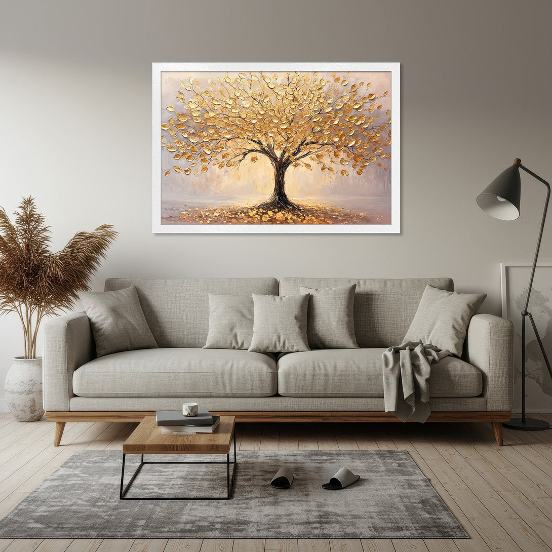 Framed Poster of a golden tree in an impressionistic style. Warm, neutral color palette perfect for home decor. Add art to your walls!