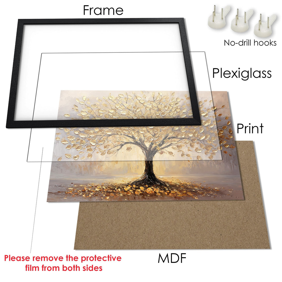 Framed Poster of a golden tree in a warm, neutral color palette. Perfect wall art for any room.