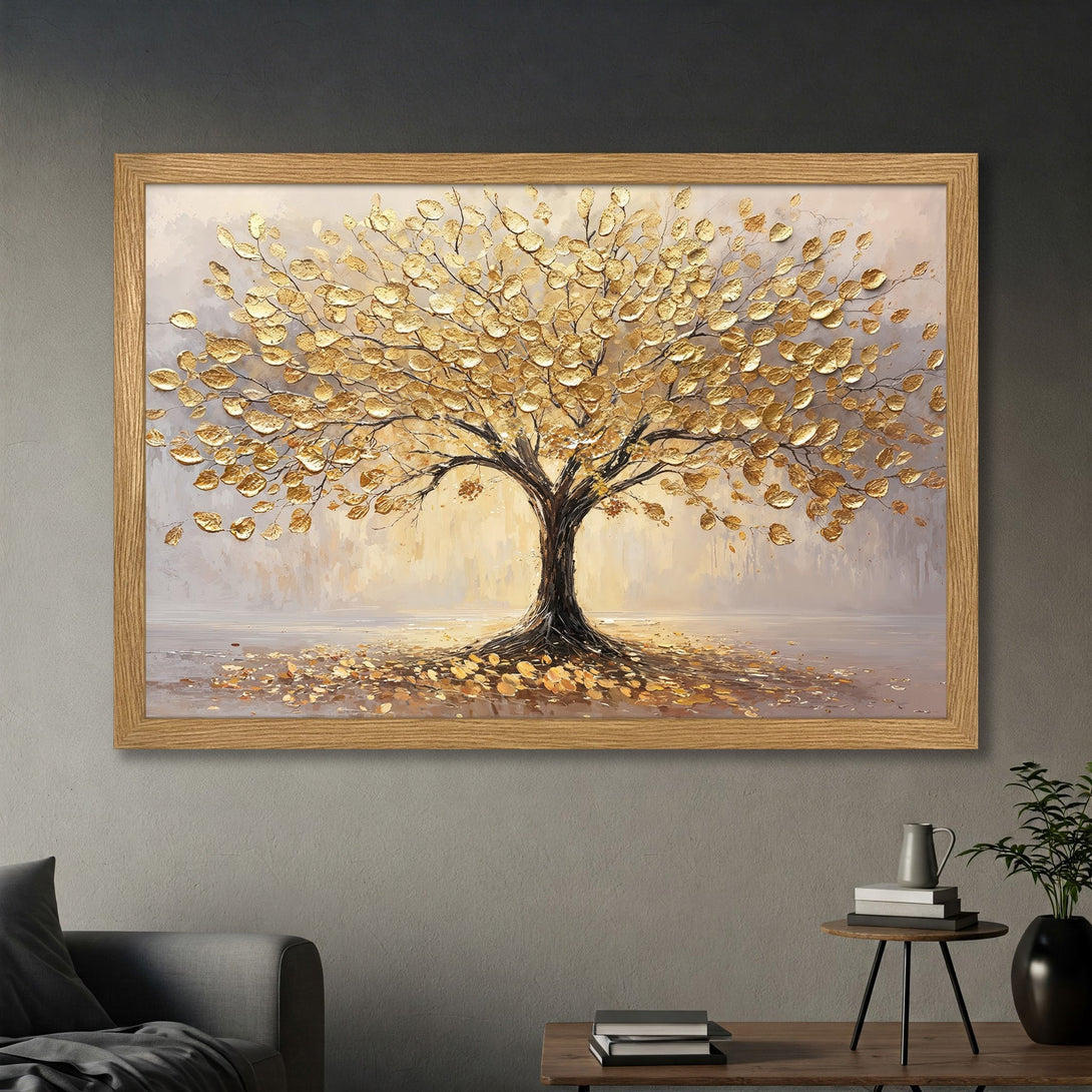 Framed Poster: Golden tree art print in neutral tones. Modern abstract style, perfect for home decor. Enhance your space with this stunning poster.
