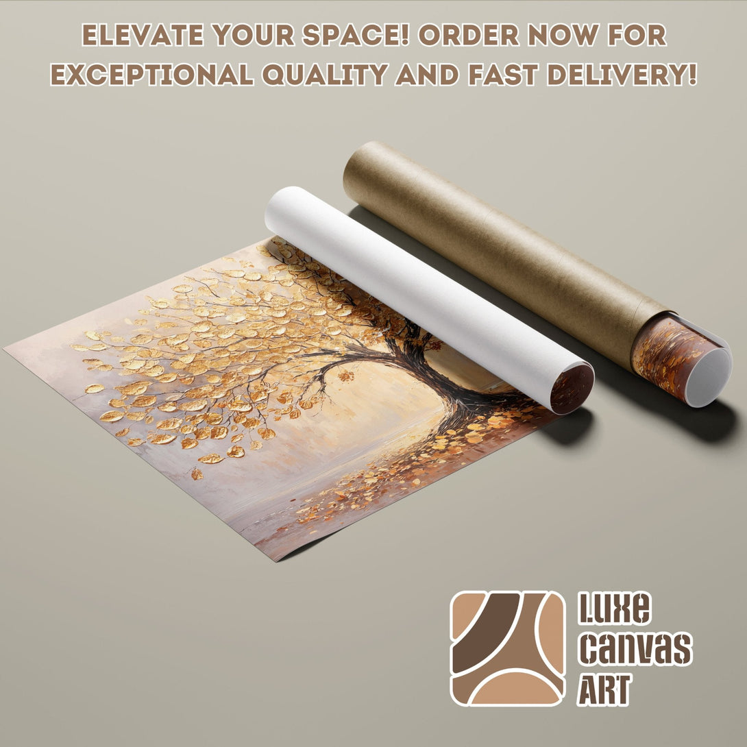 Gold leaf tree Poster Roll, neutral tones, perfect for home decor. Order now!