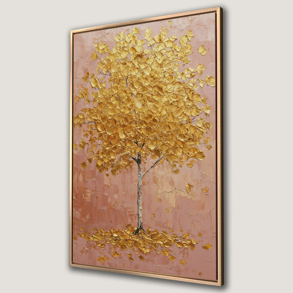 Framed Wall Art: Golden tree painting with textured brushstrokes. Warm color palette of gold, blush pink, and earth tones. Perfect for adding elegance.