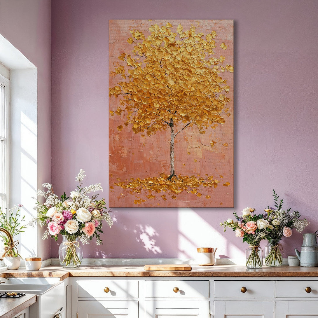 Framed Wall Art: Gold leaf tree painting on a pink background. Modern abstract style, warm color palette. Perfect for living room decor.