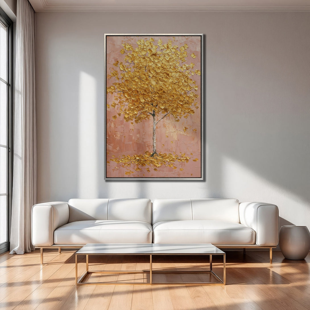 Framed Wall Art: Gold leaf tree painting in a modern interior. Warm gold, pink, and neutral color palette. Perfect for living room decor.