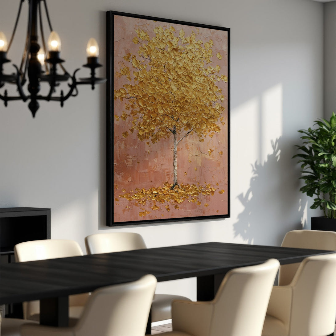 Framed Wall Art featuring a textured gold tree painting. Warm, earthy color palette adds a touch of elegance to any dining room. Shop now!