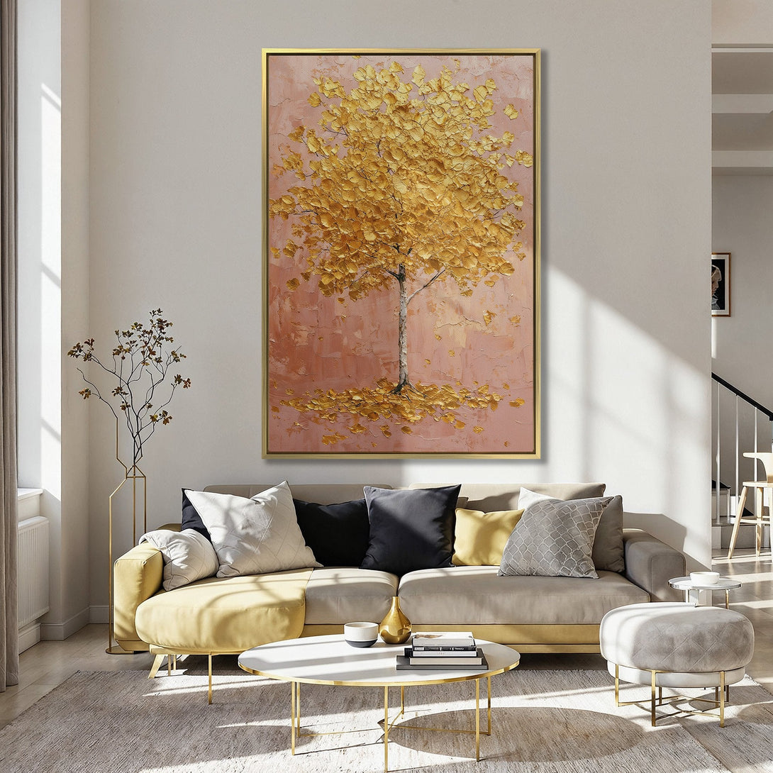 Canvas Print of a golden tree painting in a kitchen. Textured art with a warm, earthy color palette. Perfect wall decor!