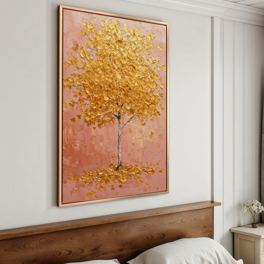 Framed Wall Art: Golden tree painting on a textured pink background. Adds warmth & style to any room. Perfect for bedroom decor.