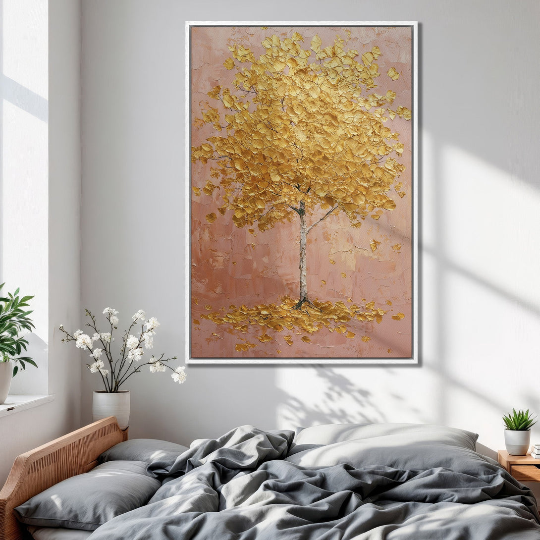Framed Wall Art: Textured gold tree painting with pink and gold color palette. Perfect for bedroom decor. Shop our Canvas Print collection!