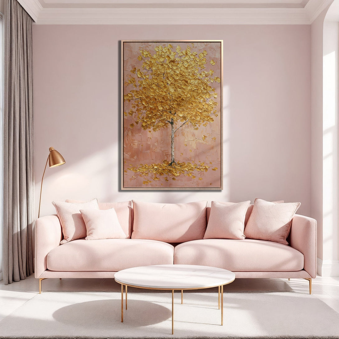 Framed Wall Art: Gold leaf tree painting in a blush pink interior. Modern, elegant decor featuring a warm, inviting color palette.