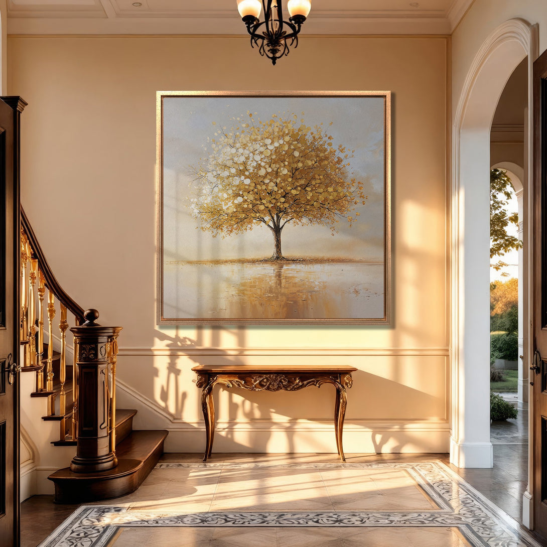 Framed Wall Art: Golden tree painting in a classic interior. Warm, neutral color palette. Perfect for adding elegance and serenity to your home.