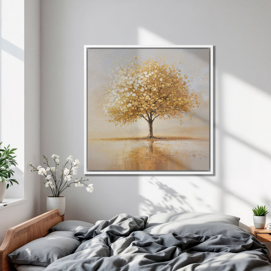 Framed Wall Art: Golden tree landscape canvas print. Neutral color palette with warm gold and beige tones, perfect for bedroom decor.