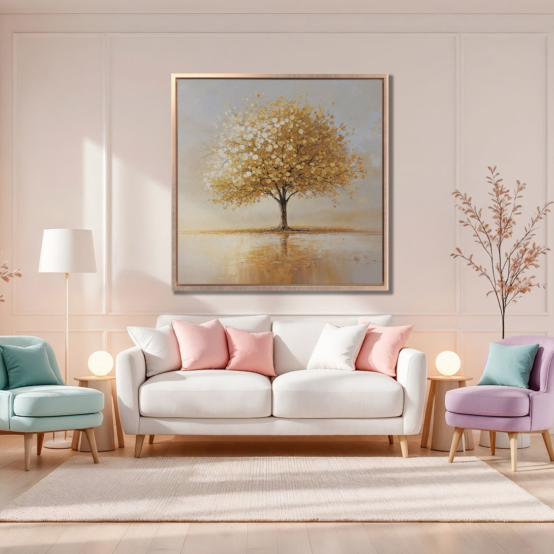 Framed Wall Art: Golden tree painting in a warm, neutral interior. Modern art with a serene, nature-inspired aesthetic and a soft, pastel color palette.