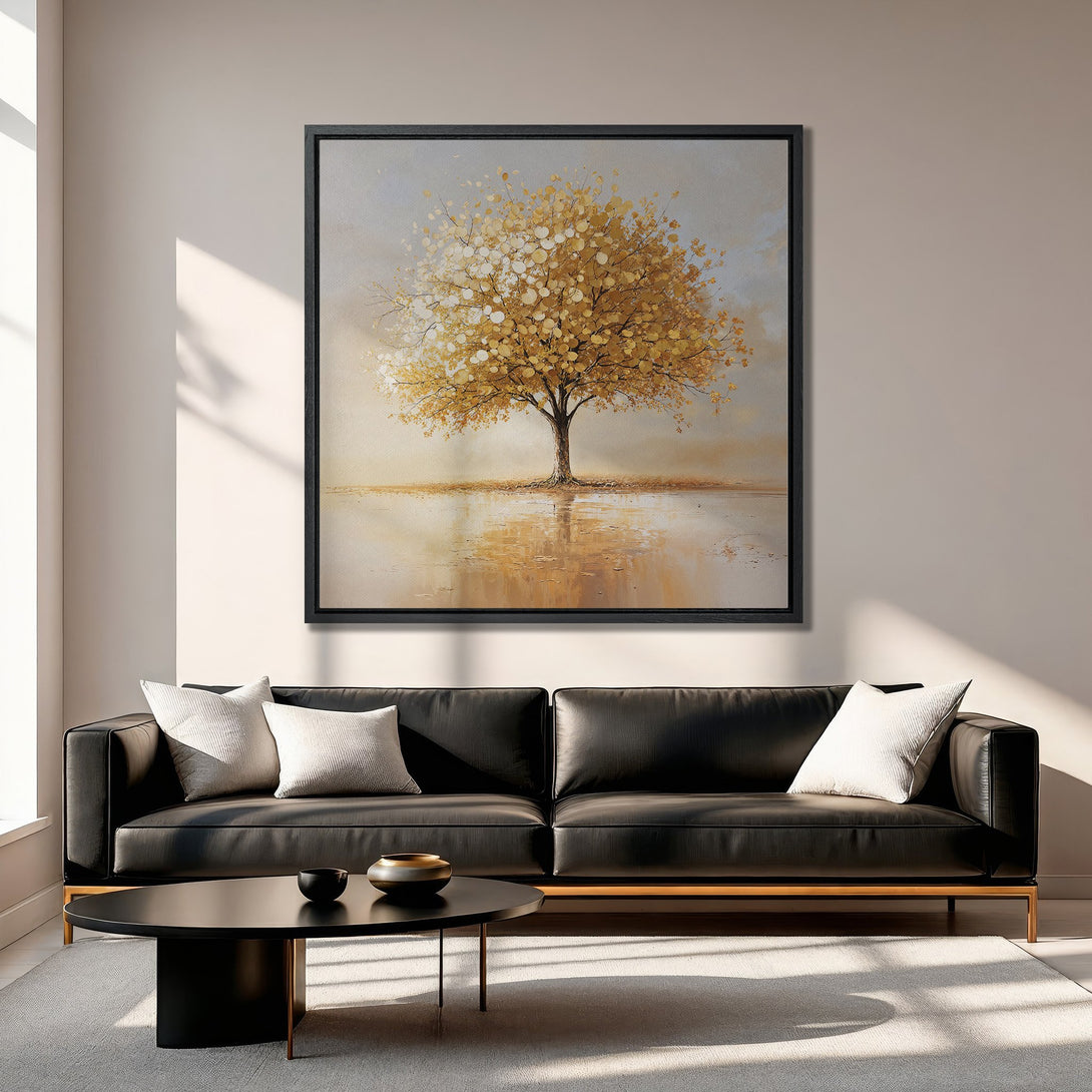 Framed Wall Art: Golden tree art print in a modern living room. Warm gold and neutral tones create a calming, elegant aesthetic. Perfect for home decor!