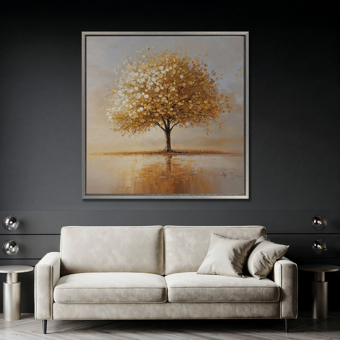 Framed Wall Art: Golden tree landscape canvas print. Warm, neutral color palette. Modern art for living room decor.