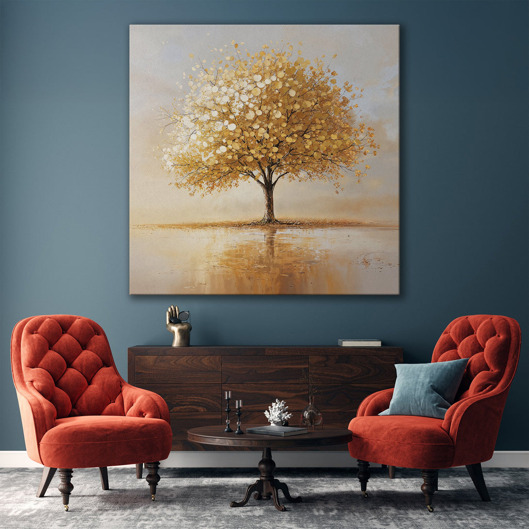 Framed Wall Art: Abstract tree painting in gold and beige tones. Modern canvas print adds warmth and elegance to a living room interior.