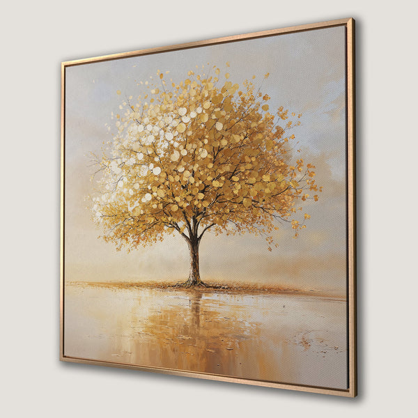 Framed Wall Art: Golden tree painting with warm, earthy tones. Beautiful impressionist style canvas print perfect for living room decor.
