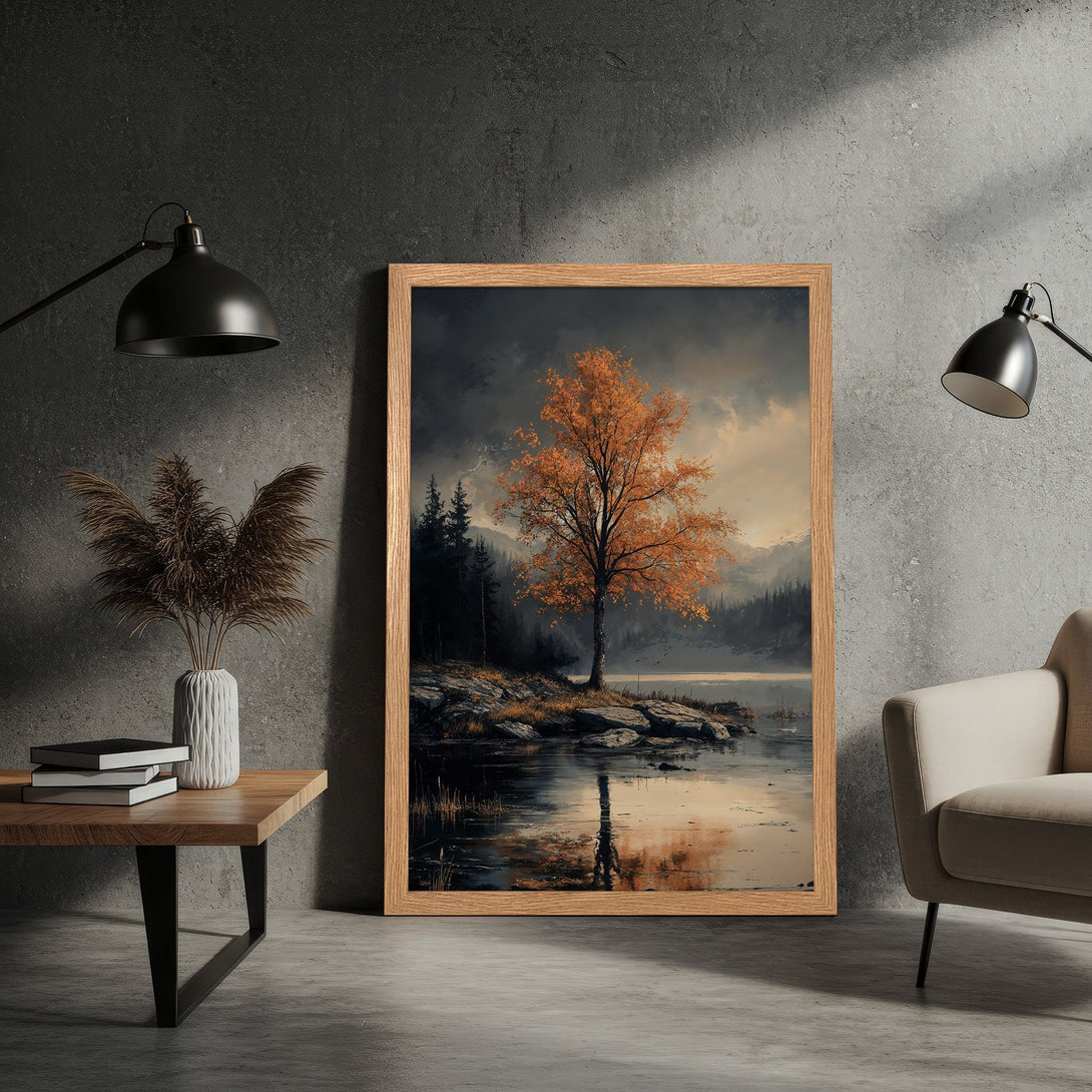 Framed Poster featuring a vibrant autumn tree landscape painting. Warm color palette with oranges, browns, and grays. Perfect wall art for your home!