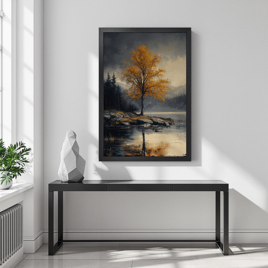 Framed Poster of a serene landscape with a golden tree, moody style, and a warm, natural color palette. Perfect wall art!