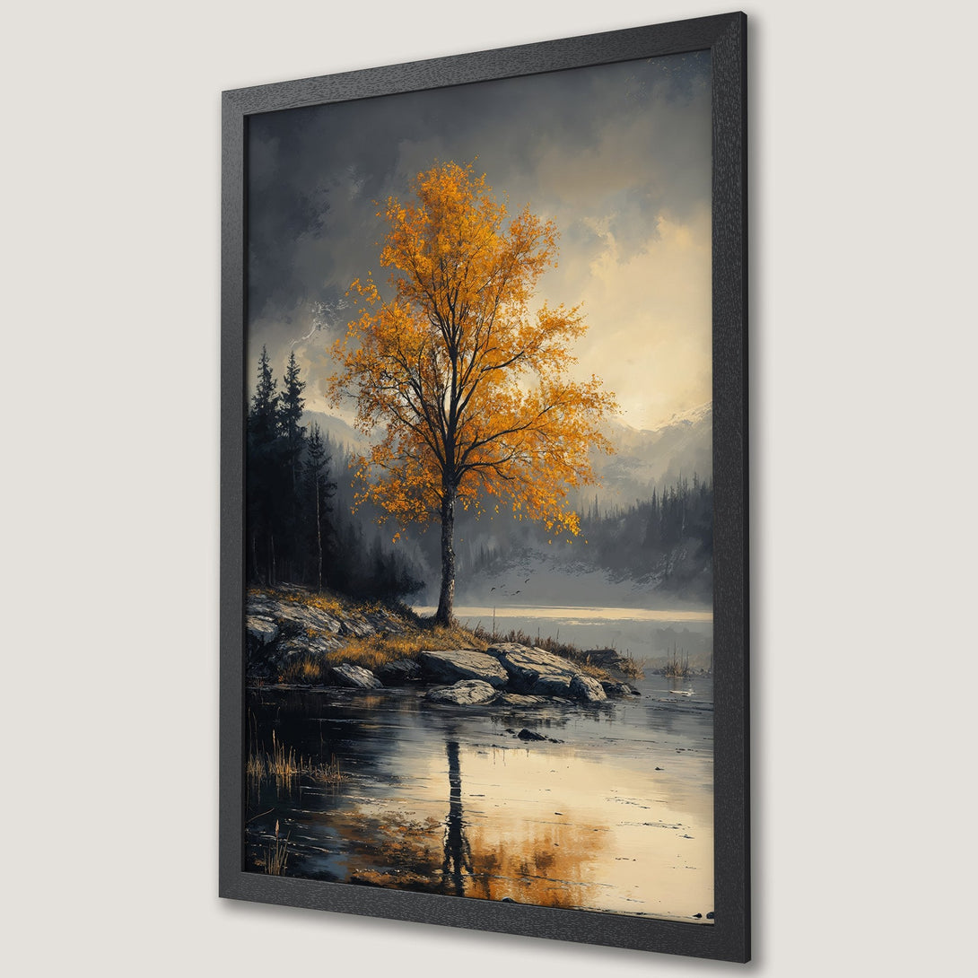 Framed Poster of a vibrant autumn tree by a lake. Artistic style with a warm, earthy palette of gold, black, and gray. Perfect wall art.
