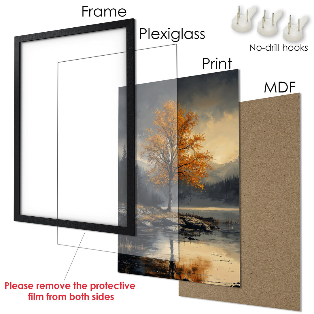 Framed Poster featuring a serene landscape with a tree in warm autumn colors. Perfect wall art for any room!