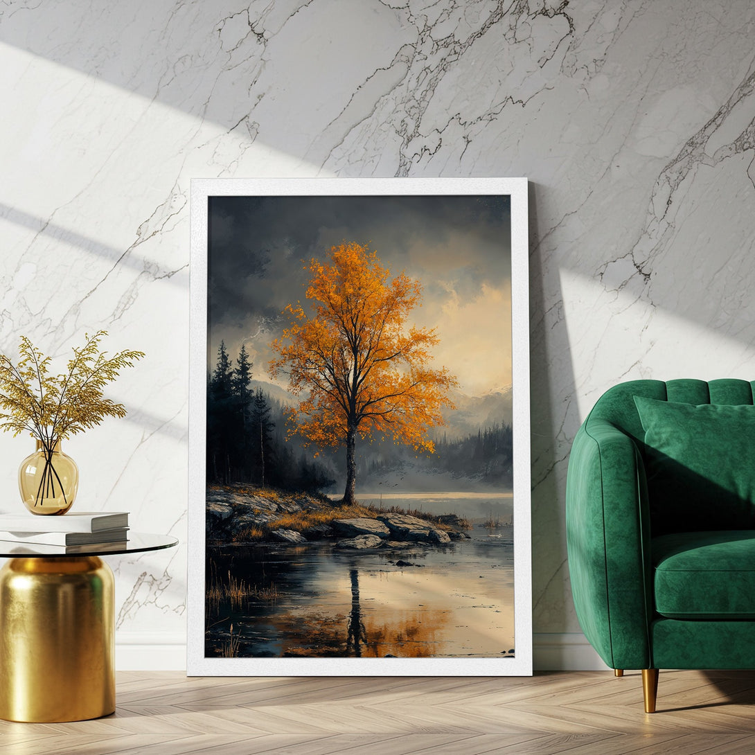 Framed Poster featuring a vibrant autumn tree landscape in a moody, painterly style with a warm, golden color palette. Perfect wall art!