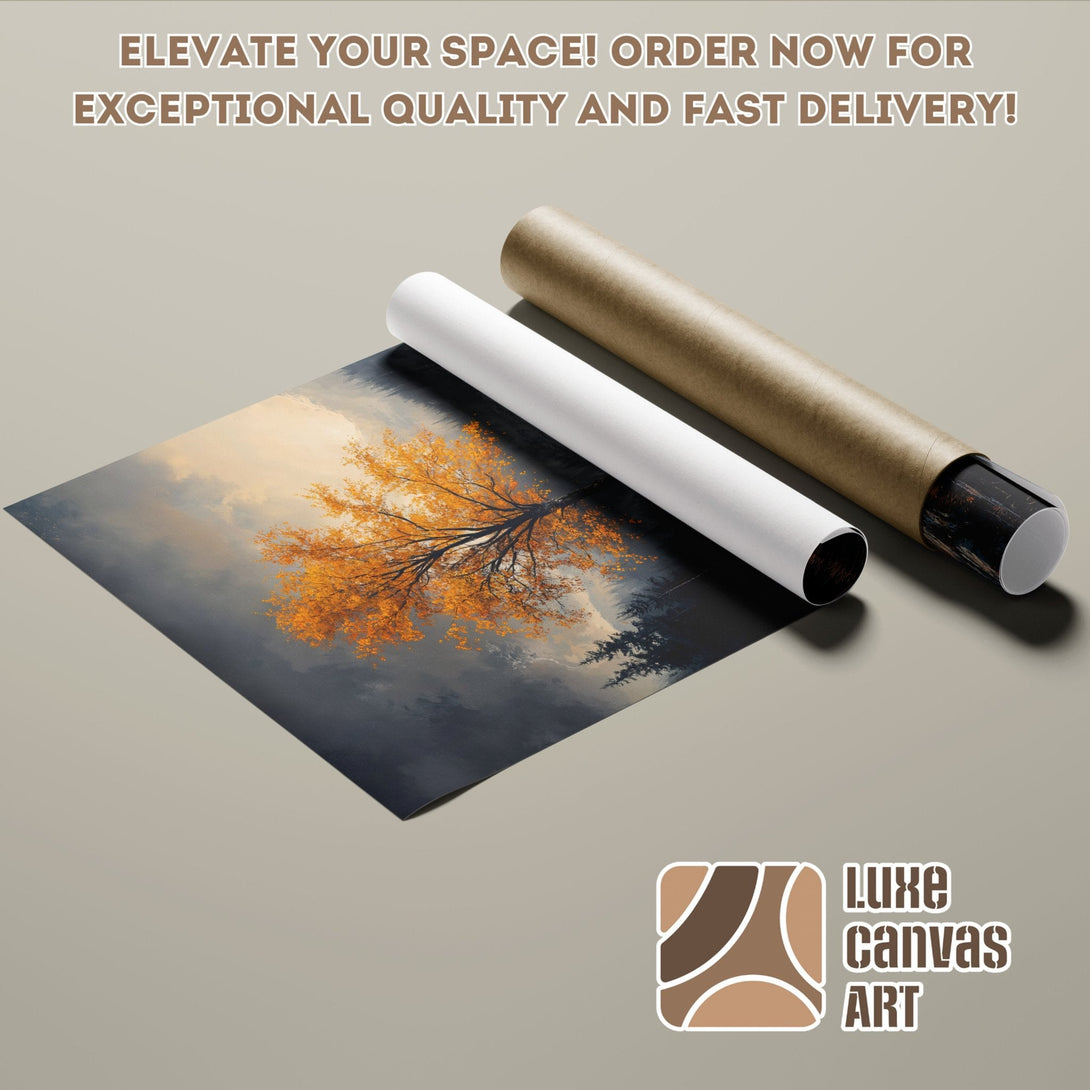 Autumn tree landscape poster roll, warm color palette, perfect for home decor. Order now!