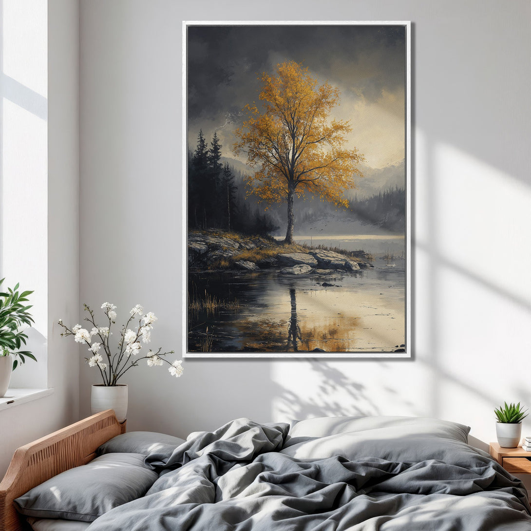 Framed Wall Art: Landscape painting of a golden tree by a lake. Serene, impressionistic style with muted gold, gray, and black tones. Perfect for bedroom decor.
