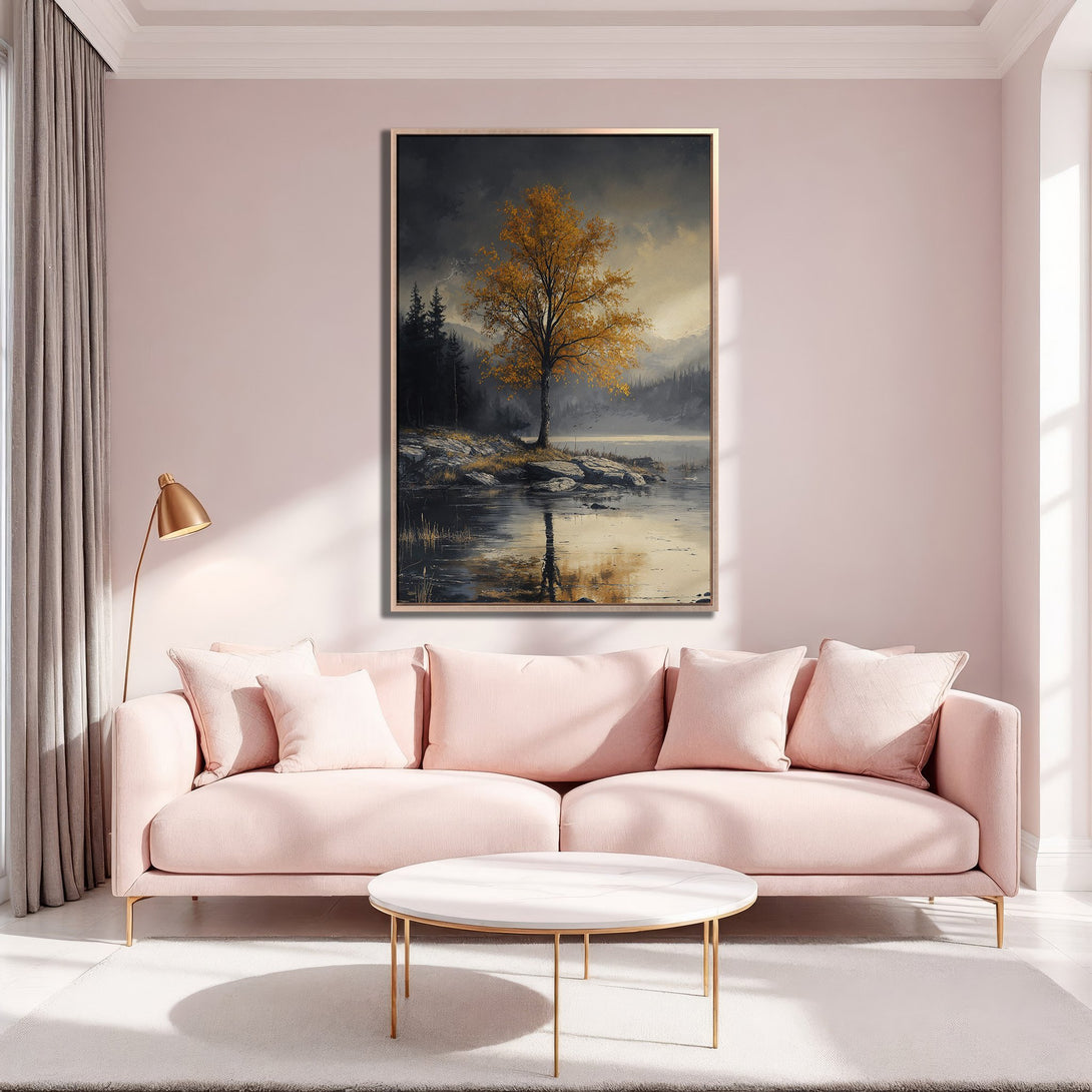 Framed Wall Art: Landscape Canvas Print with a golden tree, moody sky, and water reflection. Perfect for adding a touch of nature's beauty with a warm color palette.