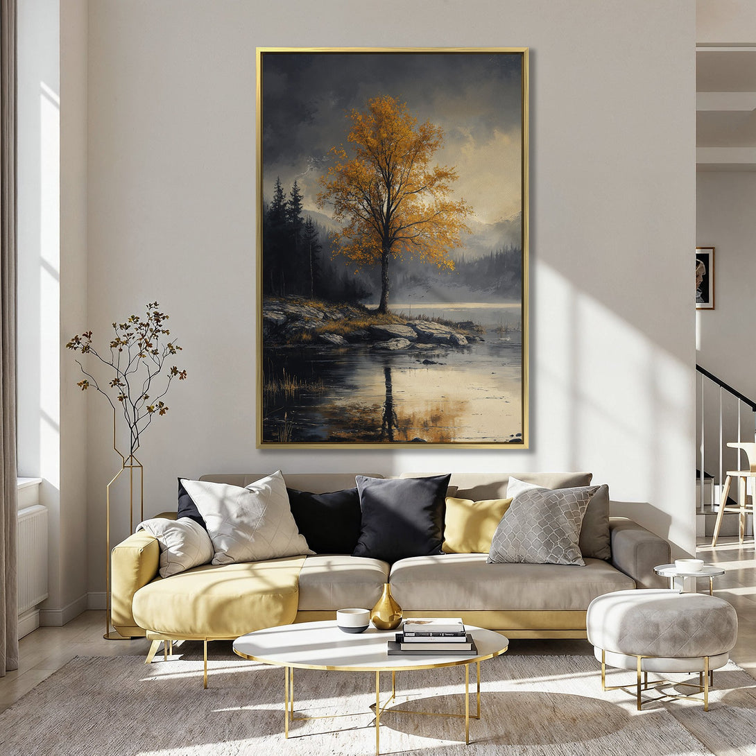 Canvas Print of a serene landscape with a golden tree, moody style, and a warm, earthy color palette, perfect for home decor.