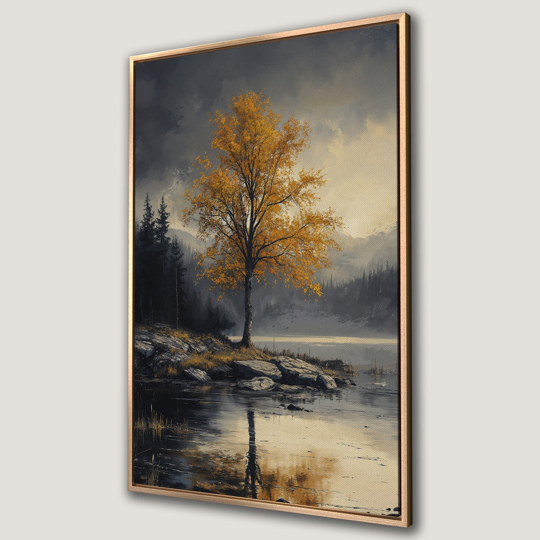 Framed Wall Art: Stunning landscape Canvas Print featuring a golden tree by a lake. Moody, painterly style with a warm, autumnal color palette. Perfect wall decor!