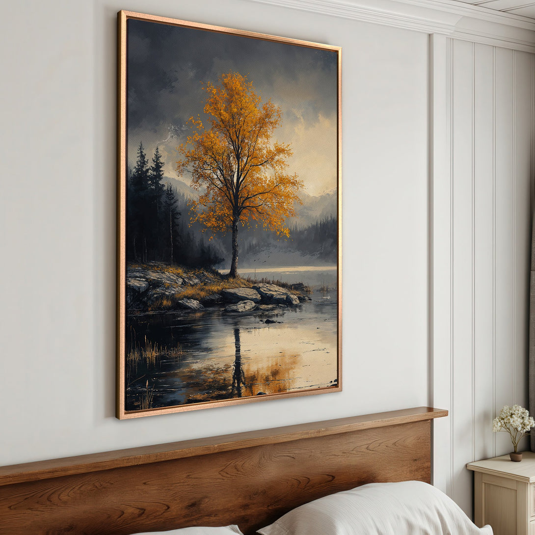 Framed Wall Art: Landscape Canvas Print of a golden tree by a lake. Featuring a moody, painterly style with a warm, autumnal color palette.