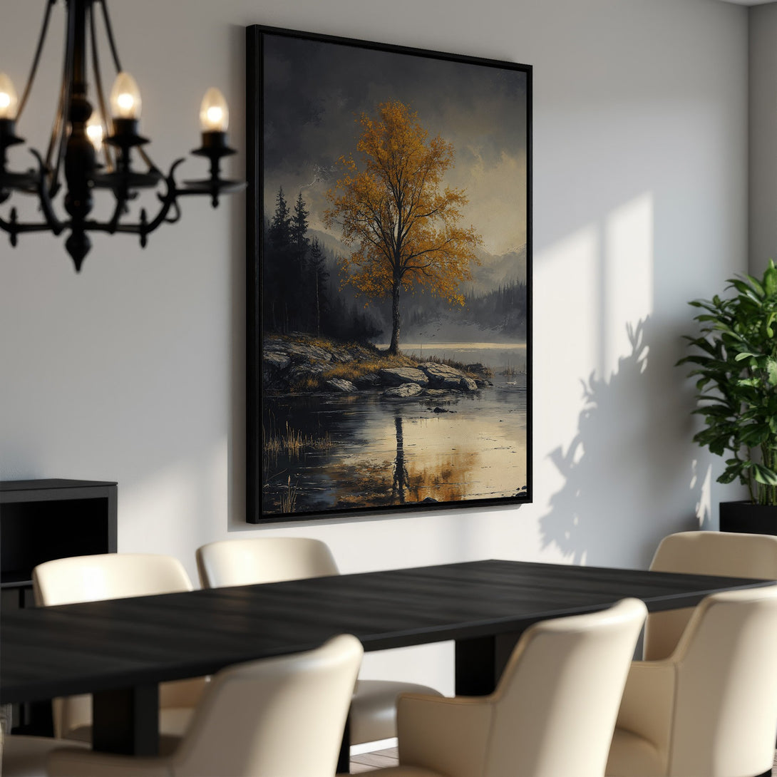 Framed Wall Art: Landscape Canvas Print featuring a golden tree by a lake. Moody, painterly style with a warm, autumnal color palette. Perfect for home decor.