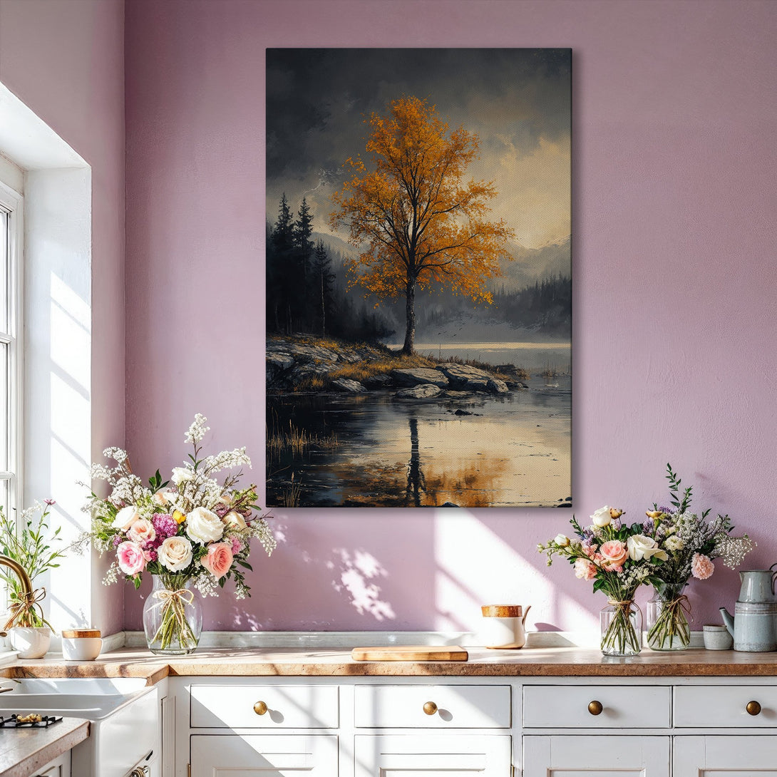 Framed Wall Art: Autumn landscape canvas print with a golden tree and lake, displayed in a modern interior. Warm, inviting color palette. Elevate your space!