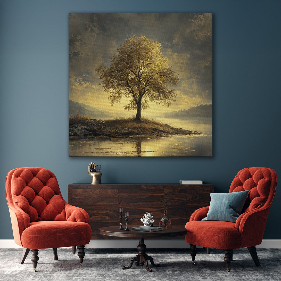 Framed Wall Art: Golden tree landscape painting in warm, neutral tones. Perfect for living room decor. Enhance your space with this serene canvas print.