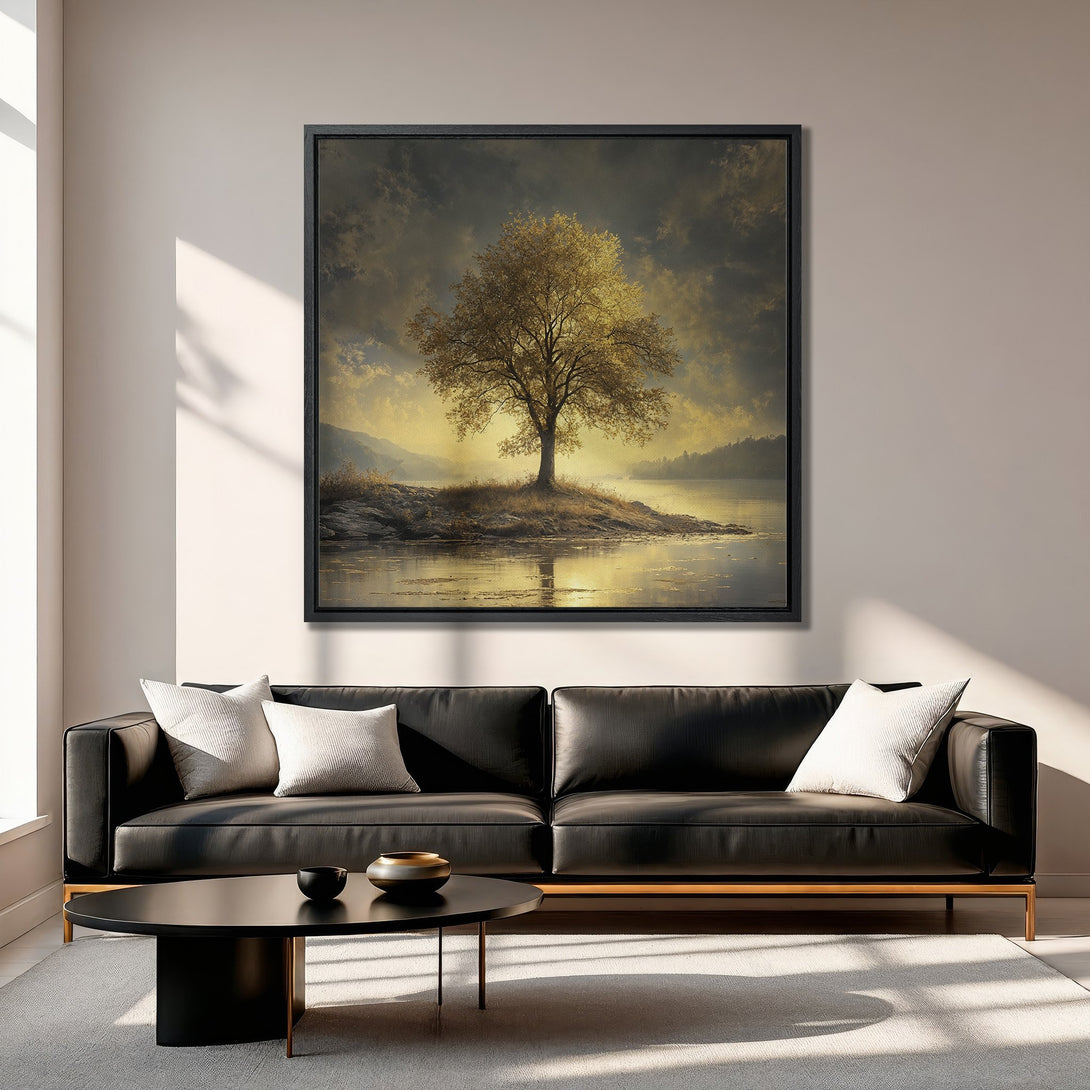 Framed Wall Art featuring a serene landscape with a golden tree. Earthy tones and a moody sky create a calming atmosphere for your living room.