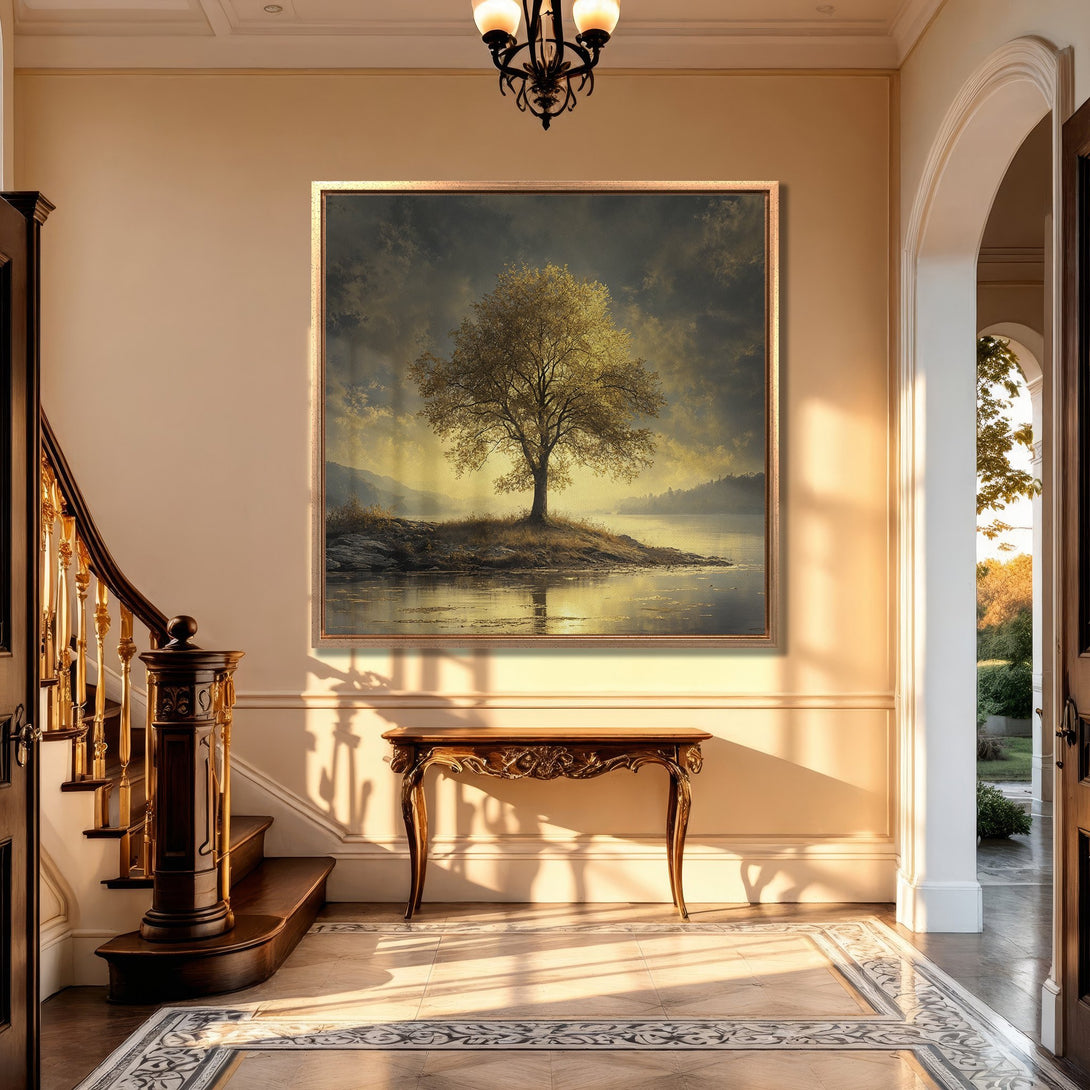 Framed Wall Art featuring a serene landscape painting with a tree. Warm, golden color palette complements the elegant interior. Perfect for home decor.