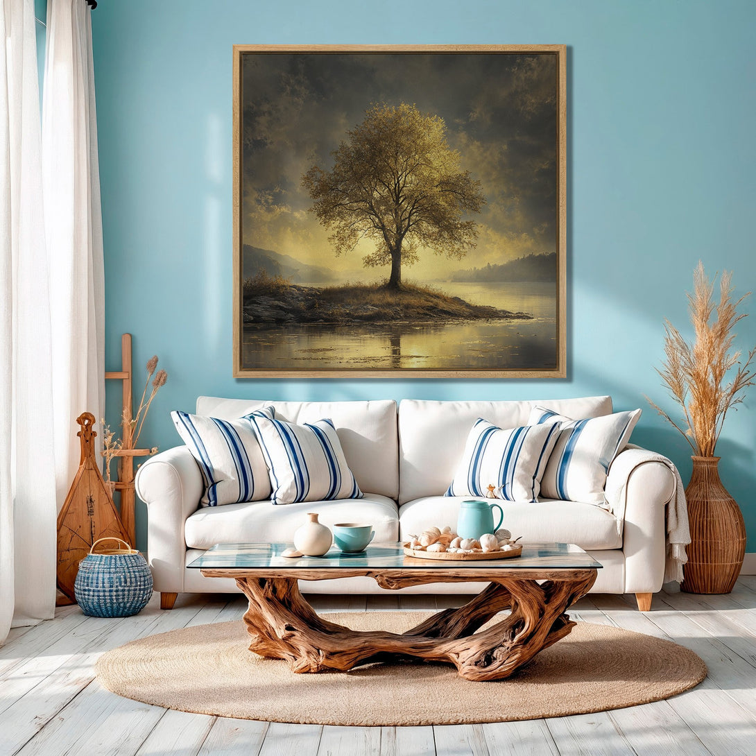 Framed Wall Art featuring a serene landscape with a golden tree. Earthy tones and a calming ambiance perfect for your living room. Bring nature indoors!