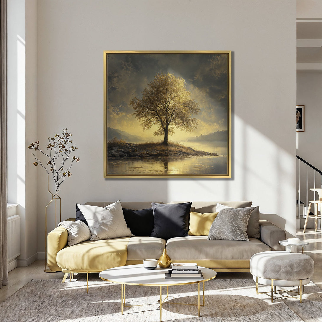 Canvas Print of golden tree landscape art, perfect for adding a touch of nature's beauty to your home. Warm, inviting color palette.