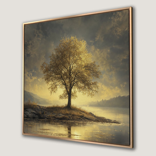 Framed Wall Art featuring a serene landscape with a golden tree, lake, and sky. Warm, earthy tones create a calming, artistic atmosphere.