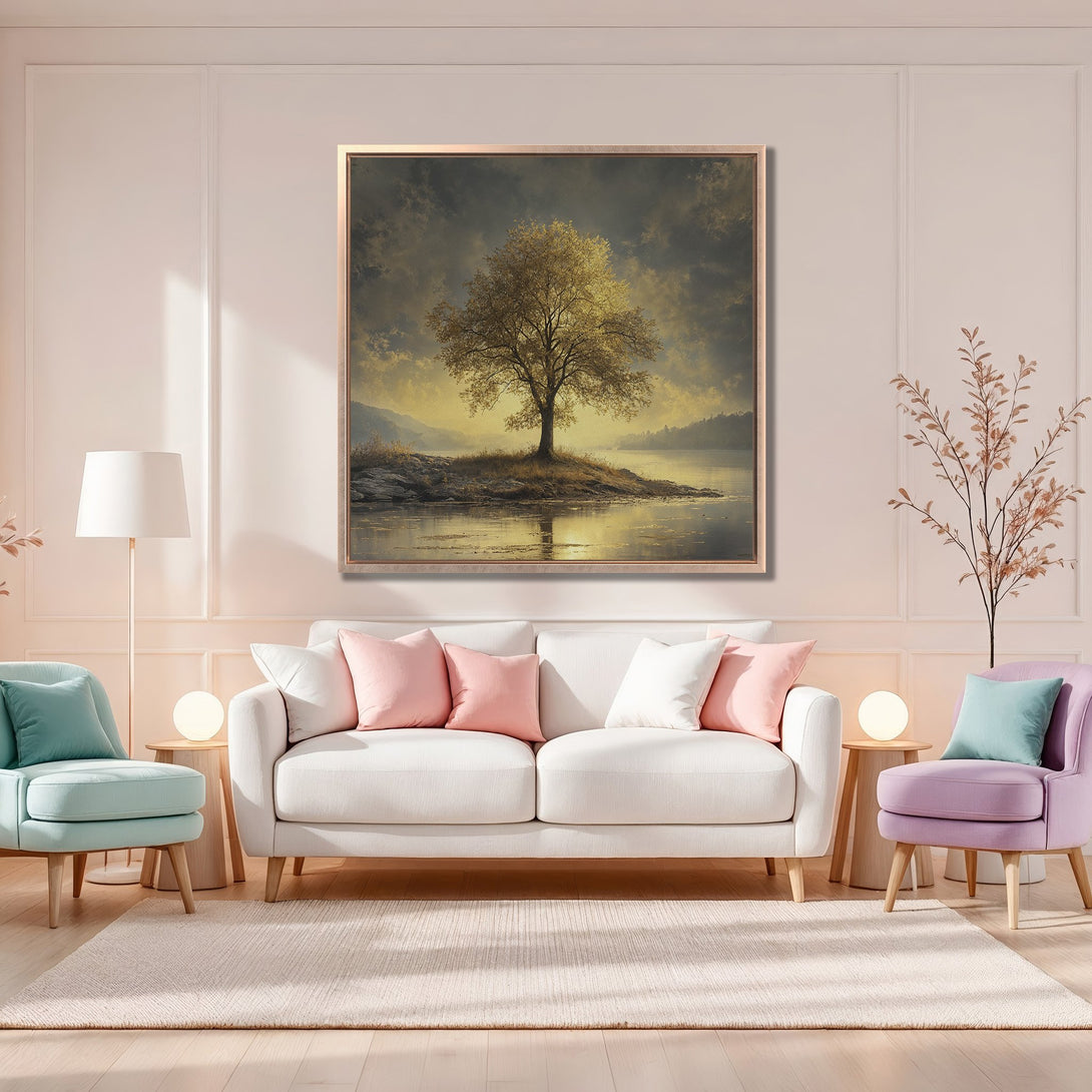 Framed Wall Art: Serene landscape Canvas Print with a golden tree, displayed in a cozy living room. Soft pastel color palette adds a touch of elegance.