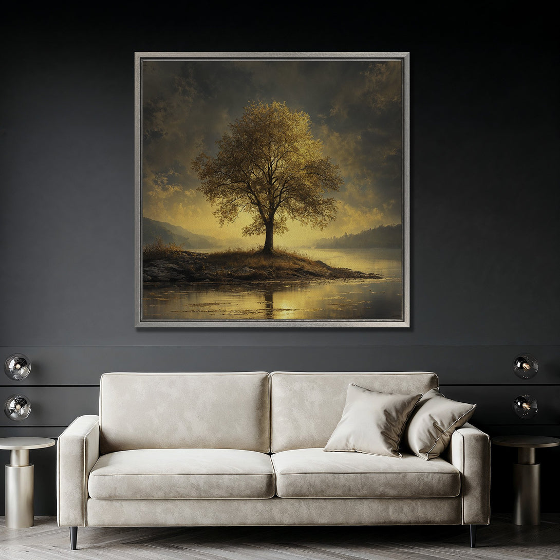Framed Wall Art: Majestic tree landscape canvas print in warm gold and gray tones. Perfect for adding a touch of nature and elegance to your home decor.