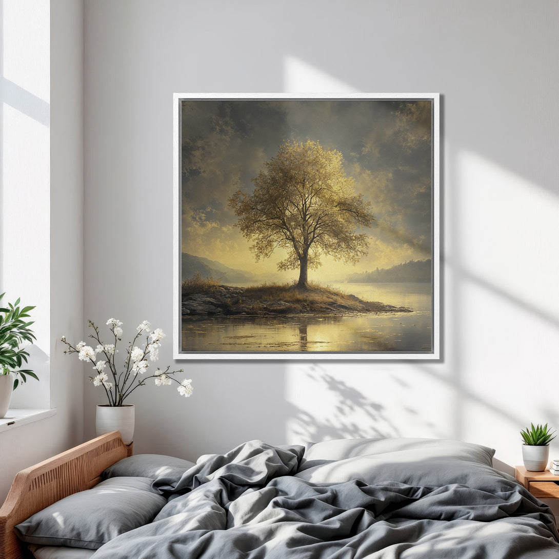 Framed Wall Art: Serene landscape Canvas Print featuring a golden tree on a lake. Warm, neutral color palette creates a calming, artistic bedroom aesthetic.