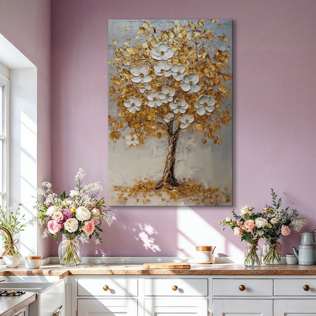 Framed Wall Art: Gold & white textured tree painting. Modern art canvas print for living room decor. Neutral color palette, elegant and stylish.