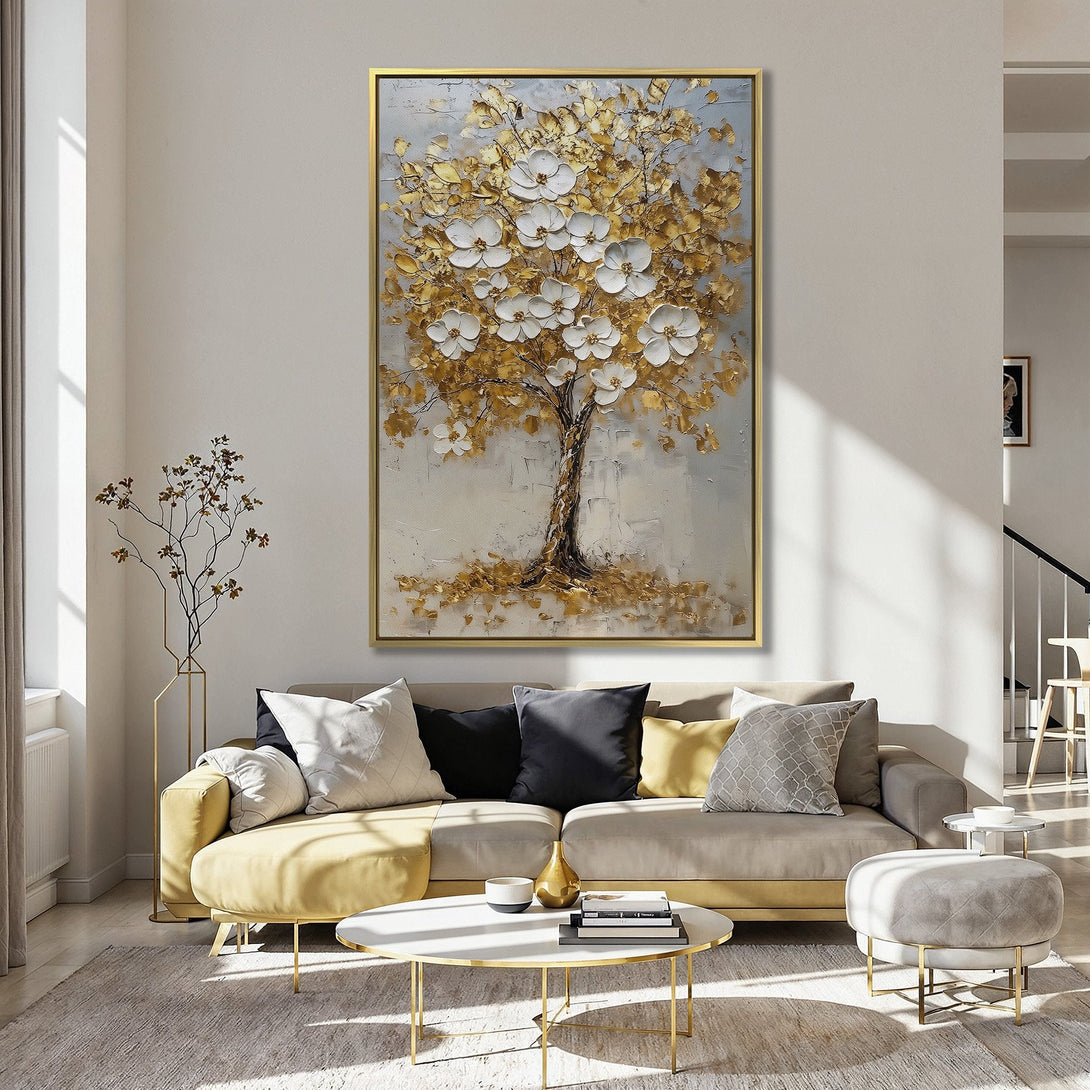 Canvas Print of a textured gold and white floral tree, displayed in a kitchen. Elegant wall art with a neutral and gold color palette.