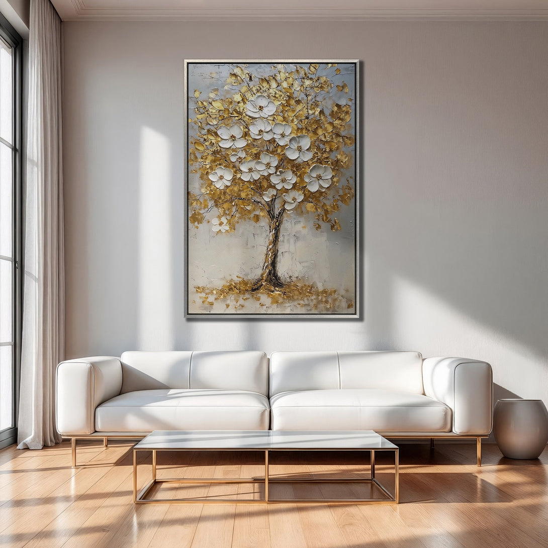 Framed Wall Art: Luxurious gold and white tree painting. Modern abstract style, neutral color palette. Elevate your space with this stunning canvas print.