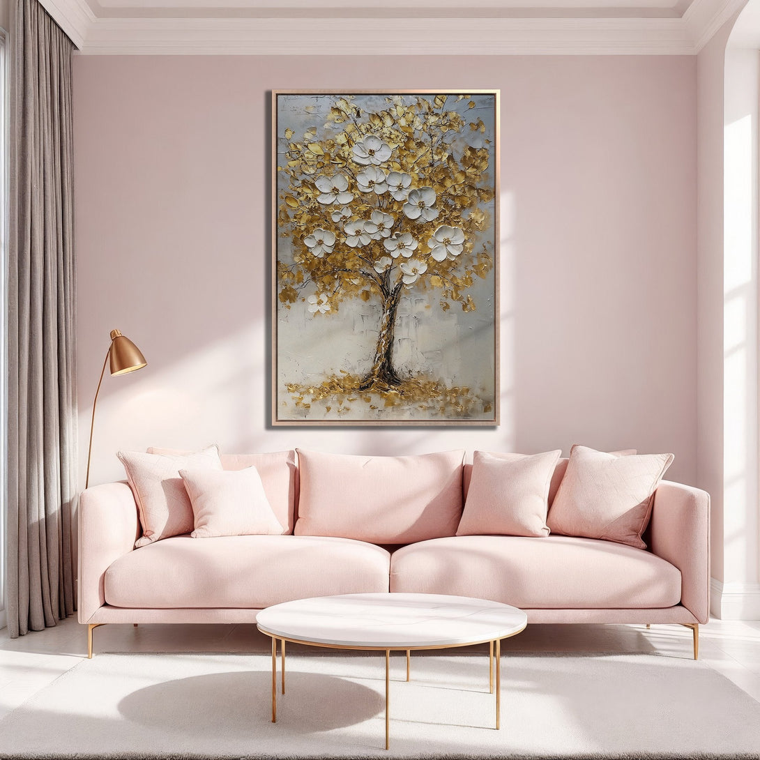 Framed Wall Art: Elegant gold and white tree art in a modern interior. Soft pink and gold color palette creates a luxurious and calming atmosphere.