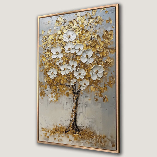 Framed Wall Art of a textured gold and white floral tree painting. Elegant, modern art in neutral tones for home decor.