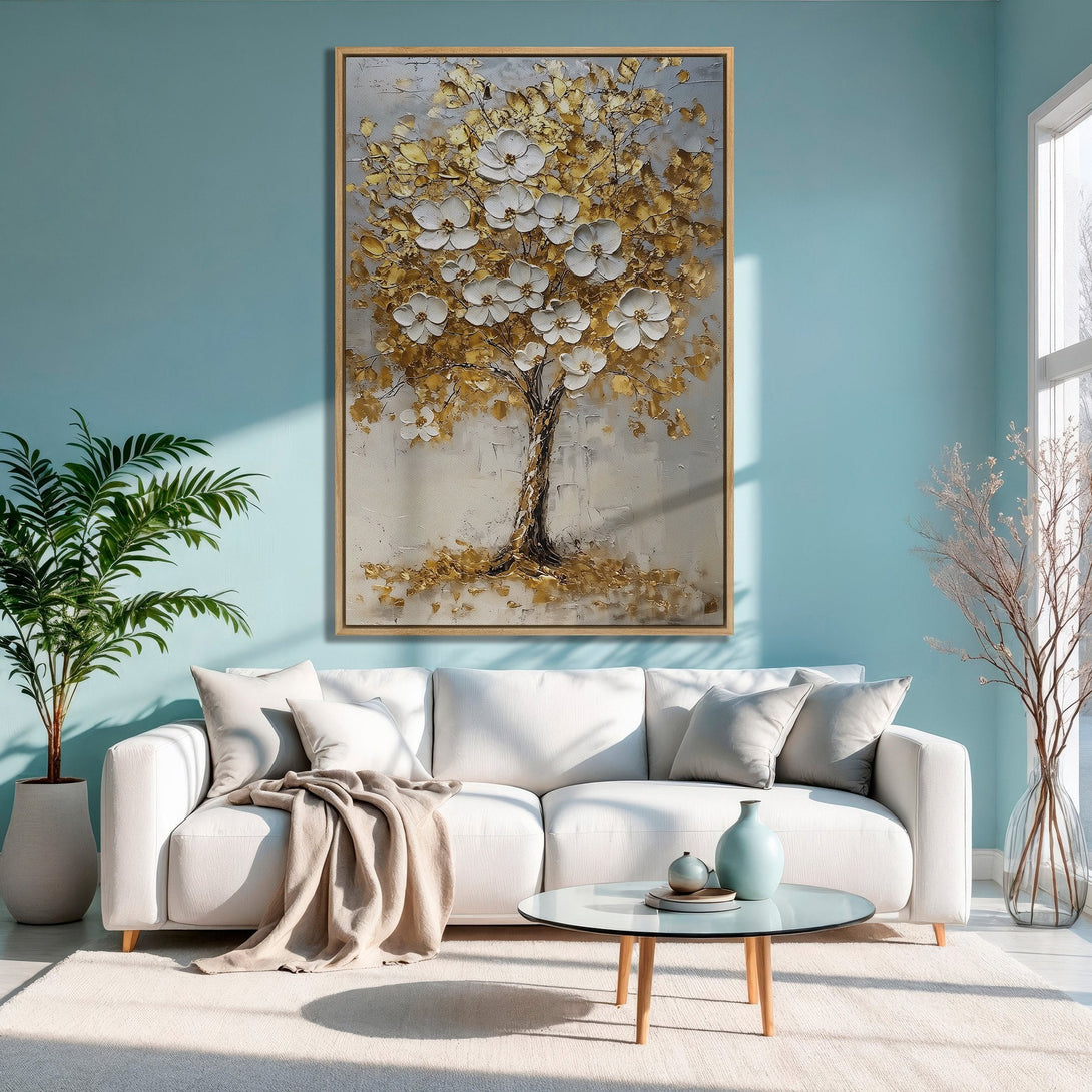 Framed Wall Art: Textured gold and white tree painting adds elegance. Modern decor with a calming blue, white, and gold color palette. Perfect for living rooms.