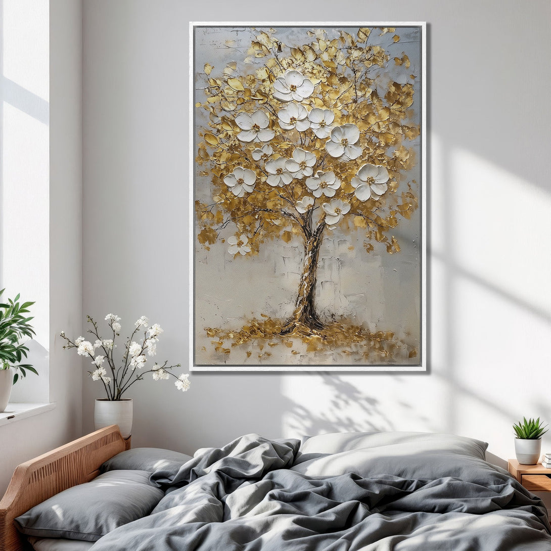Framed Wall Art: Gold & white floral tree painting. Modern, textured style with a neutral color palette. Perfect bedroom decor.
