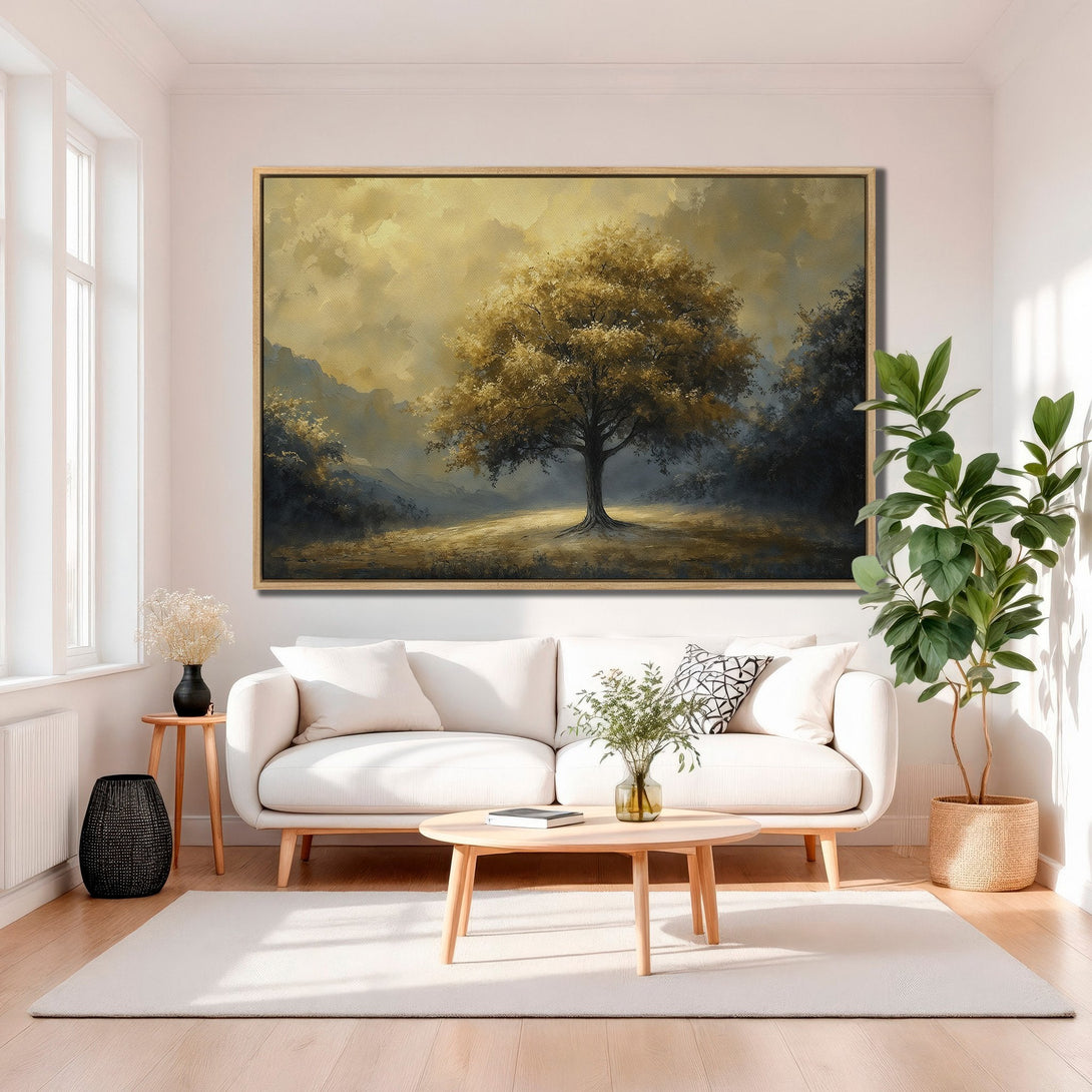Framed Wall Art featuring a golden tree landscape painting, perfect for adding a touch of nature-inspired elegance to your home. Warm, inviting color palette.